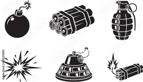 Black silhouette of bomb grenade dynamite and explosion blast