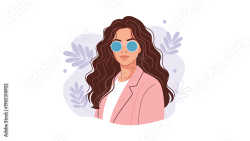 Stylish young woman with long brunette hair wearing sunglasses and a pink blazer against a soft floral background.
