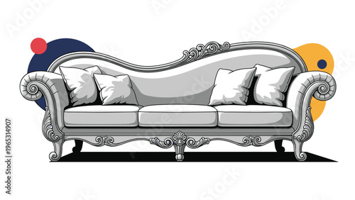 Luxurious vintage sofa with ornate carvings and soft cushions shown against a decorative background for interior design.