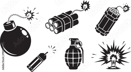 Black silhouette of bombs grenades and explosions on white background dynamite blast
