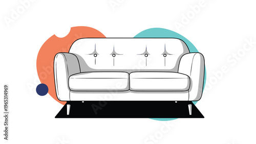 Modern white loveseat sofa with button tufting shown against a simple background with blue and orange circular shapes.
