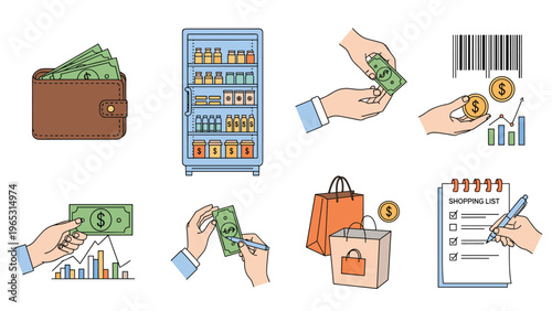 Personal finance and retail icons set including a wallet money transfers shopping bags and a checklist with a pen.