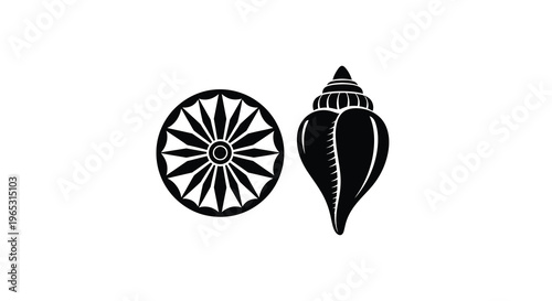 Buddhist symbols of the dharma wheel and conch shell silhouette
