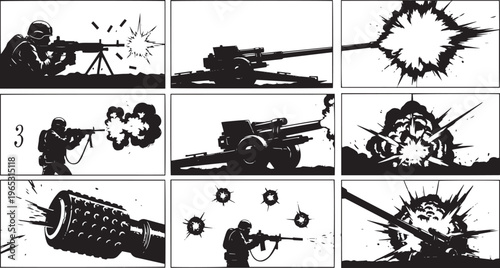 Comic strip panels showing soldiers firing machine guns and cannons with explosions and bullet impacts