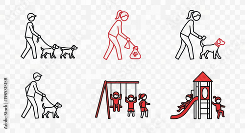 Dog Walking and Children Playing Icons Set