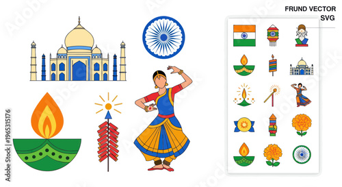 Indian Festival Celebration Icons: Taj Mahal, Dancer, Diya Lamp, Fireworks