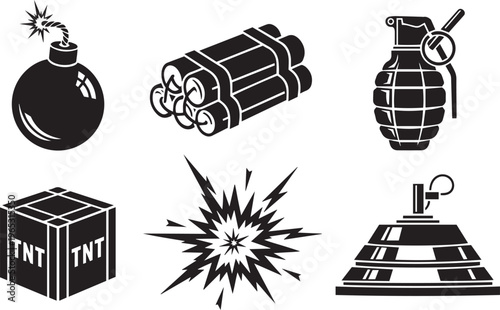 Set of black and white explosion including bomb dynamite grenade and T N T box