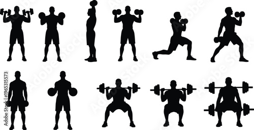 Silhouette illustration of ten weightlifting exercises with dumbbells and barbells, fitness training, strength workout, bodybuilding and gym routine design
