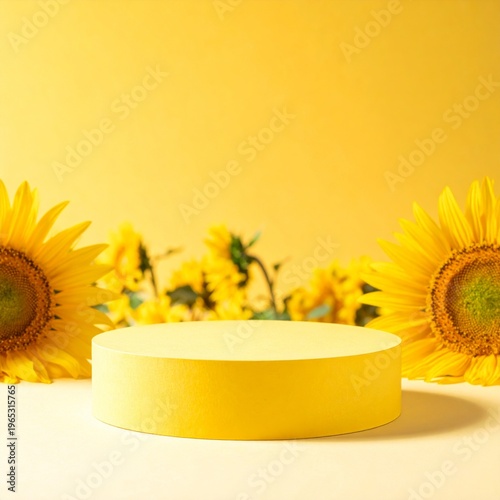 Yellow Cylindrical Podium Display Surrounded by Bright Sunflowers Against a Solid Yellow Background
