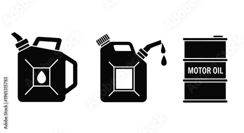 Black silhouettes of fuel containers and a motor oil barrel silhouette