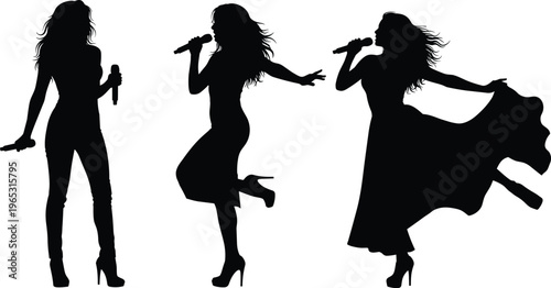 Silhouette illustration of three female singers performing with microphones, expressive stage presence, dynamic concert entertainment, elegant movement and musical performance design