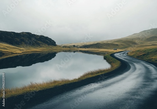 Winding Wet Road Along a Calm Reflective Lake in Moody Icelandic Highland Landscape