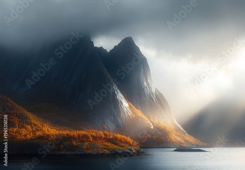 Dramatic Norwegian Fjord Landscape with Autumn Foliage and Moody Storm Light