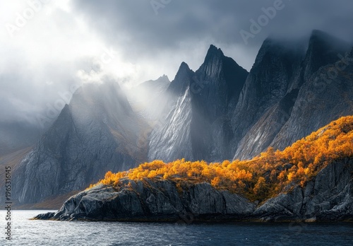 Dramatic Norwegian Fjord with Jagged Mountain Peaks and Golden Autumn Foliage Under Moody Sky