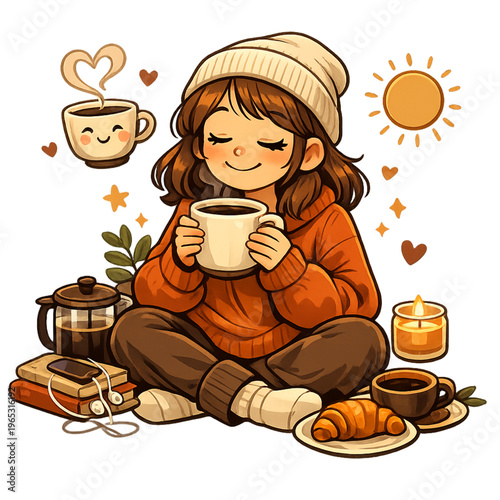 cozy coffee and sunshine vibes, warm coffee aesthetic, sunny morning coffee, cozy lifestyle illustration, soft sunlight glow, relaxing coffee moment, hygge morning vibes, peaceful home atmosphere, cof