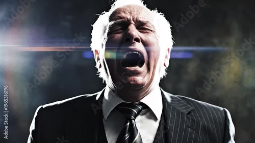 An older man in a suit screams in distress, clutching his head in despair and panic