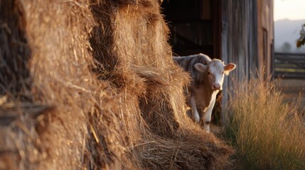 Cow standing in a field with a barn in the background. the cow is white with brown spots and is looking directly at the camera. the barn is made of wood and has a sloping roof.