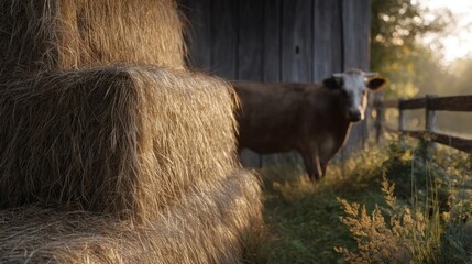 Cow standing in front of a wooden barn. the cow is brown and white in color and is looking directly at the camera. it is standing on a grassy field with a wooden fence on the right side.