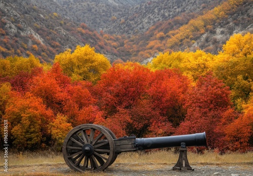 Antique Cannon on Wooden Carriage Against Vivid Autumn Mountain Forest