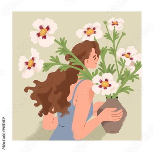 Young woman with flower bouquet in vase. Girl holding beautiful gorgeous spri...