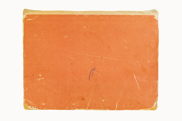 Old paper texture with orange surface, worn edges, scratches, stains, white background, copy space. Book cover. Natural background, vintage design, grunge backdrop, aged surface, distressed material