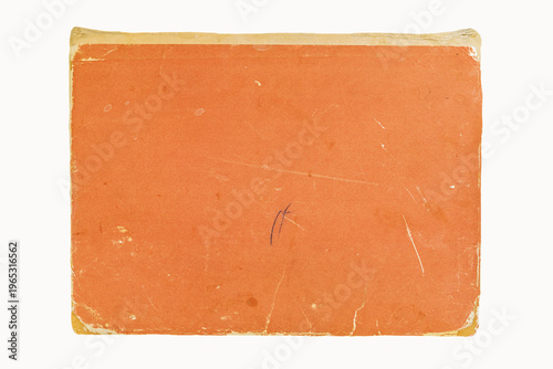 Old paper texture with orange surface, worn edges, scratches, stains, white background, copy space. Book cover. Natural background, vintage design, grunge backdrop, aged surface, distressed material