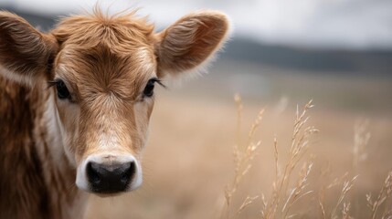 Close-up of a cow's face. the cow is facing the camera and is looking directly at the camera. it has a light brown coat with darker brown spots on its face and neck.