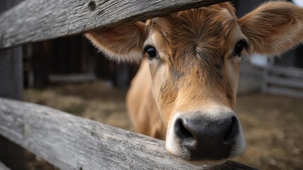 Close-up of a cow's face peeking over a wooden fence. the cow is looking directly at the camera with a curious expression. its fur is a light brown color and its eyes are dark and alert.