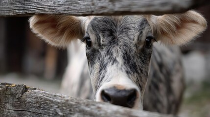 Close-up of a cow's face peeking over a wooden fence. the cow is looking directly at the camera with a curious expression.