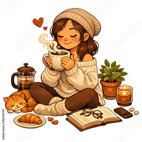 cozy morning with coffee and relaxation, warm coffee aesthetic, peaceful morning vibes, cozy lifestyle illustration, relaxing coffee moment, soft morning light scene, hygge morning concept, calm home 