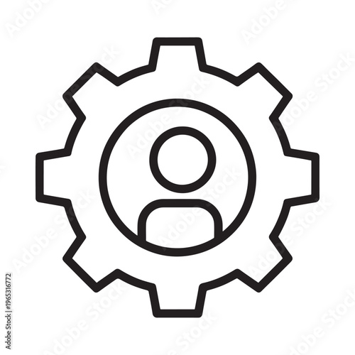 A black and white icon depicting a person inside a gear mechanism