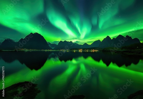 Vivid Northern Lights Dancing Over Mountain Fjord With Perfect Water Reflection