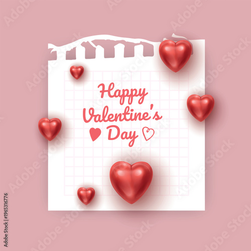 Happy Valentine's Day greeting card on checkered notebook paper with 3D red hearts
