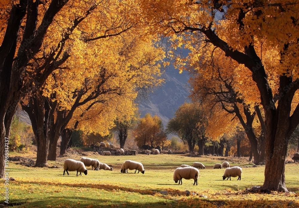 Fototapeta premium Sheep Grazing Under Golden Autumn Trees in a Mountain Valley Pastoral Scene