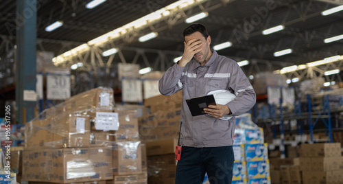 Warehouse worker feeling stressed while checking inventory on tablet holding safety helmet in distribution center, logistics problem, industrial work, fatigue, supply chain and stock management.
