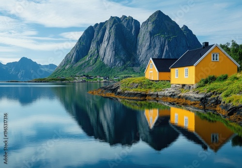 Yellow Wooden Houses Reflected in Calm Fjord with Dramatic Mountain Backdrop, Norway
