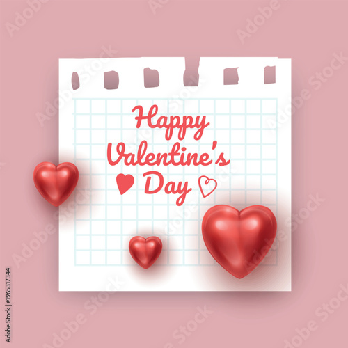 Happy Valentine's Day greeting card on checkered notebook paper with 3D red hearts