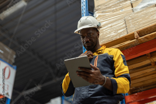 Warehouse worker using tablet to check inventory and manage stock in distribution center, industrial employee analyzing data, logistics operation, supply chain management, warehouse control concept.