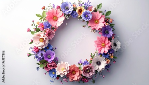 Colorful Floral Wreath with Various Flowers on White Background