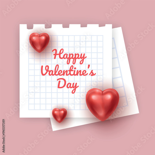 Happy Valentine's Day greeting card on checkered notebook paper with 3D red hearts