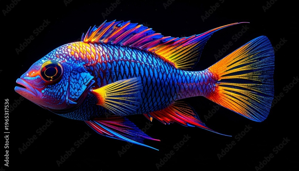 Fototapeta premium Vibrant Blue Fish With Orange and Pink Fins In Dark Water