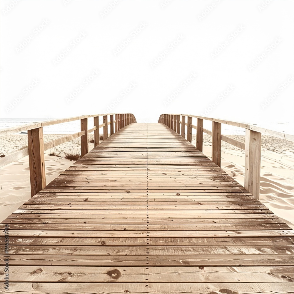 Fototapeta premium Weathered Wooden Boardwalk Path Leading to Sandy Beach and Ocean Horizon