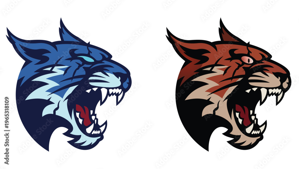 Obraz premium Wildcat Cougar Mascot Logo Set - Blue and Brown Aggressive Big Cat Head Sports Team Logos