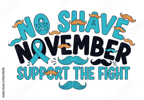 No Shave November typography with mustache icons, prostate cancer awareness ribbon illustration
