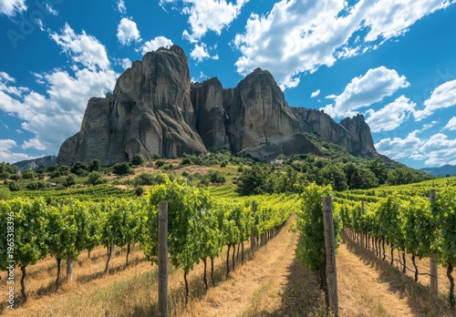 Lush Green Vineyard Rows With Dramatic Rocky Cliffs and Blue Sky