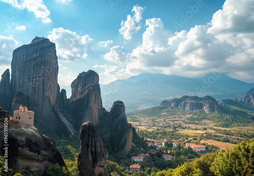 Meteora Rock Formations with Ancient Monastery and Valley Panorama, Greece