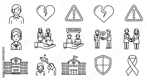 Detailed school violence awareness outline icon set with bullying prevention and mental health support illustrations