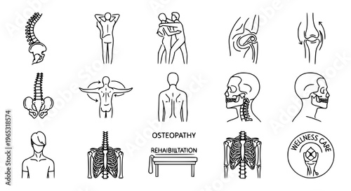 Detailed osteopathy outline icon set with spine therapy, joint adjustment, and rehabilitation illustrations