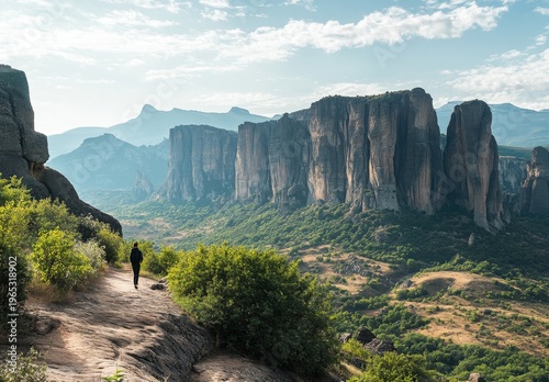 Solo Hiker Walking Rocky Trail Toward Towering Sandstone Cliffs and Lush Valley Landscape