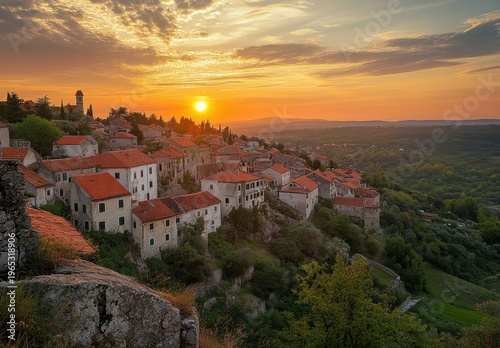 Medieval Hilltop Village With Red Tile Roofs at Golden Sunset Over Rolling Countryside
